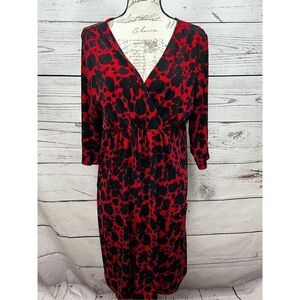Tiana B. Womens XL‎ Red Black Print 3/4 Sleeve V-Neck Knee Length Dress